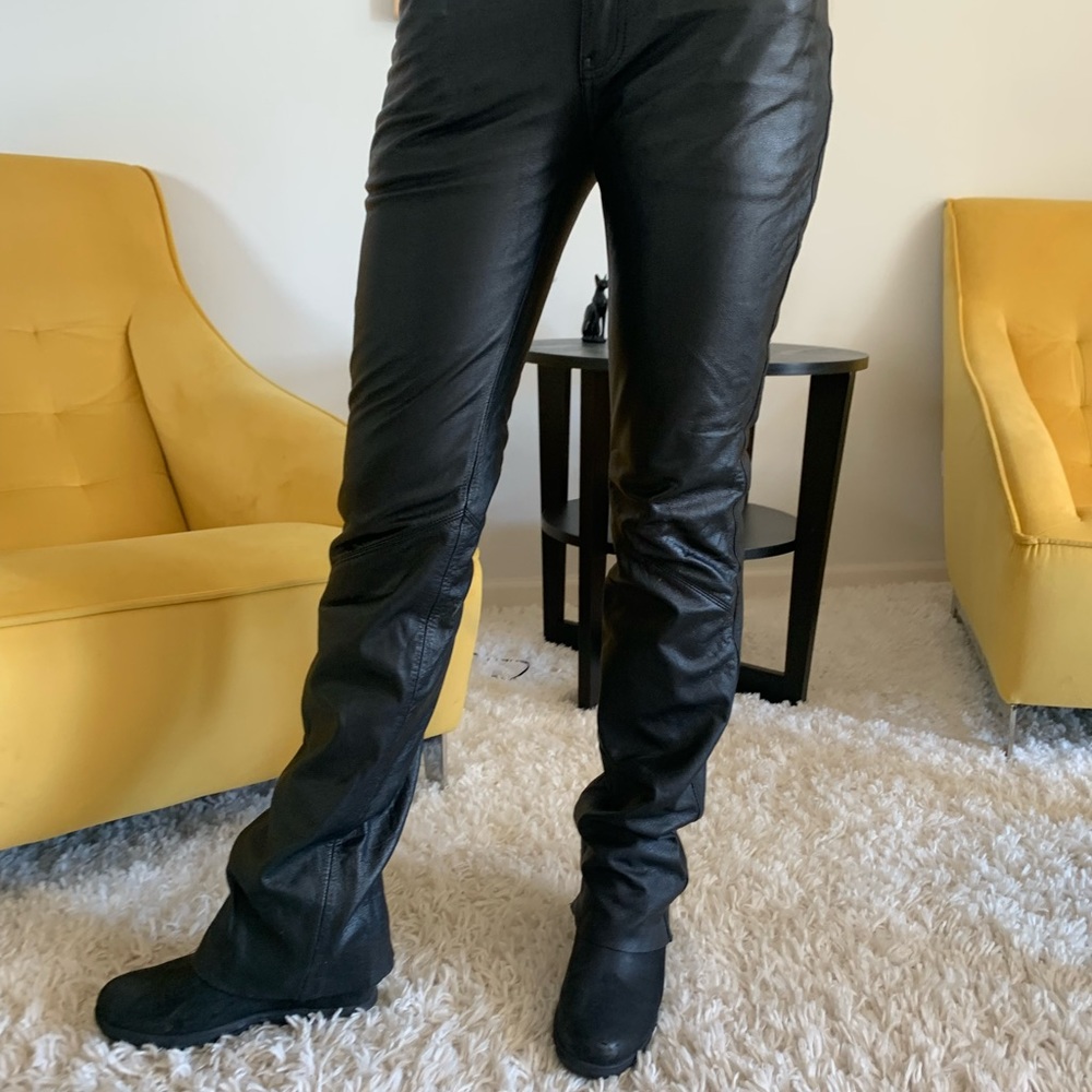 Harley Davidson! Black leather pants.